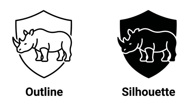 Rhino Emblem: A powerful rhino silhouette and outline, presented within shield emblems, symbolizing strength, protection, and conservation efforts.
