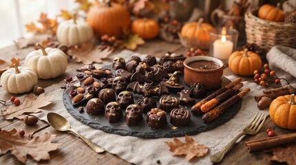 Fototapeta premium Halloween chocolate treats on slate platter, spooky skull and bat shaped candies, autumn pumpkin table setting for festive party