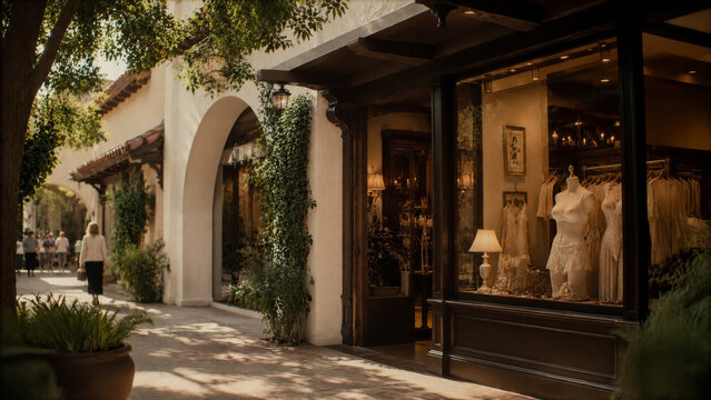 Elegant lingerie boutique storefront with stylish window display along a charming shopping street in warm afternoon light