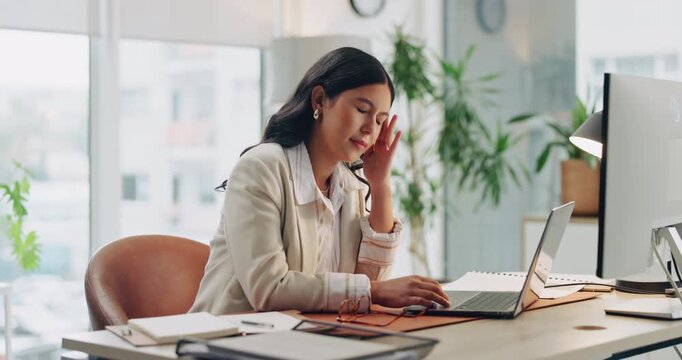 Business, woman and laptop with headache in office for audit pressure, ergonomic strain and stress. Accountant, tech and migraine massage at desk for payroll workload, muscle fatigue and overworked