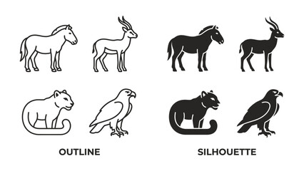 Fototapeta premium Animal Icon Set: A collection of outline and silhouette icons depicting various animals, including a horse, antelope, panther, and eagle.