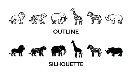Fototapeta premium Animal Icons: A collection of stylized animal illustrations, featuring both outlines and silhouettes of a lion, tiger, elephant, giraffe, zebra, and rhinoceros.