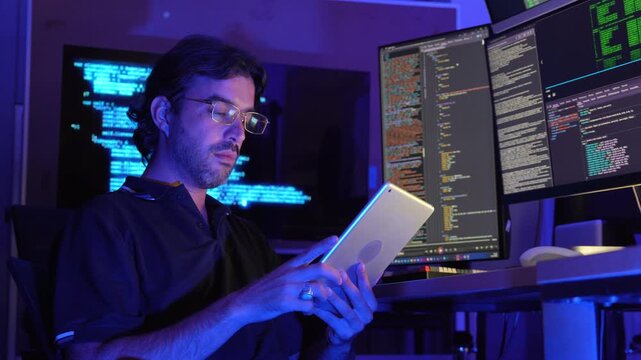Programmer monitoring multiple screens displaying code and digital data in a blue-lit control room, representing cybersecurity, software development, network monitoring, advanced business technology.