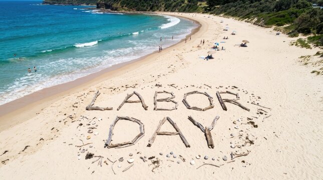 The words labor day written in the sand on a beautiful tropical beach during a sunny summer holiday