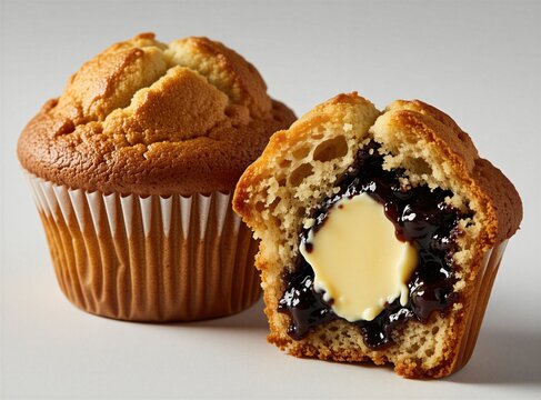 Fresh golden muffin cut in half showing creamy butter, dark fruit jam filling. Baked pastry cake snack on white background. Sweet bakery treat features spongy texture with rich melting center.
