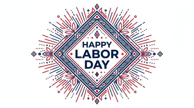 Decorative happy labor day greeting card design with intricate geometric patterns and festive red and blue elements
