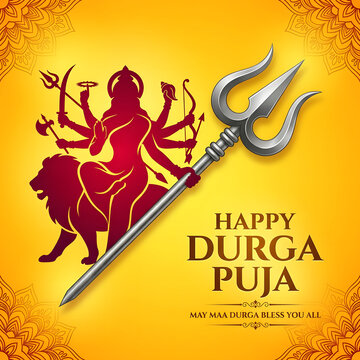 Happy Durga Puja greeting card with Goddess Durga silhouette and traditional Trishul weapon