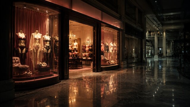 Elegant lingerie boutique with illuminated window displays inside a luxury shopping mall at night featuring stylish retail interiors