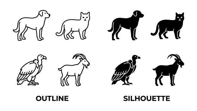 Pet Icons Collection: A curated set of outline and silhouette icons featuring common domestic animals like dogs and cats, alongside a vulture and a goat, symbolizing a range of familiar creatures.