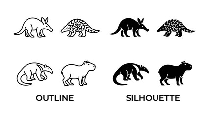Collection of Animal Icons: A set of diverse animal illustrations in both outline and silhouette form, showcasing unique creatures for design and graphic purposes. © asad