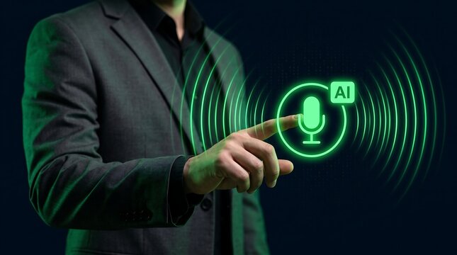Businessman touching glowing AI voice recognition interface for digital audio technology.