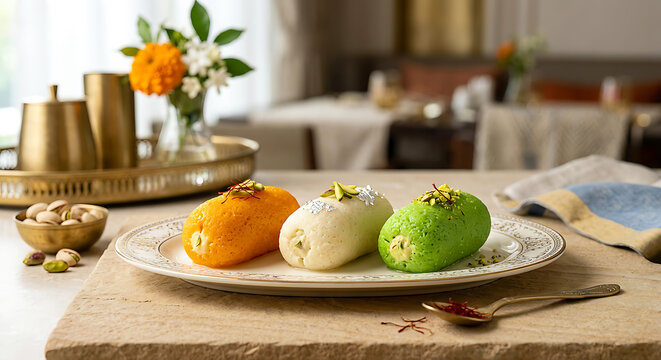 Bengali Cham Cham Sweets in Vibrant Tricolor Composition. Indian Independence Day 15th August Dessert with Saffron, White and Pistachio Green.
