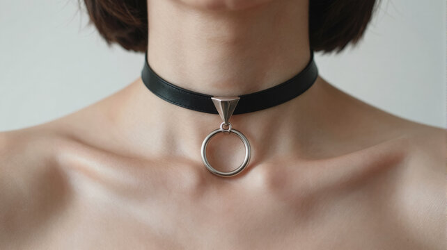 Stylish woman wears a sleek black choker with a silver circular pendant