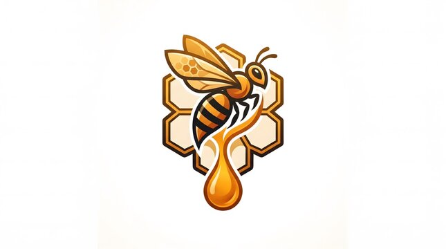 Vector logo illustration of a honey bee flying over a honeycomb grid with a single dripping drop of fresh golden honey, designed in a modern mascot style for branding