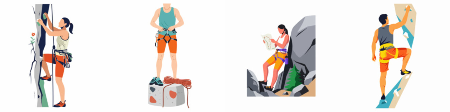 Vector Illustration Set of Rock Climbers Engaged in Extreme Outdoor Sports Including Bouldering, Ascending Cliff Faces, Preparing Gear, and Map Reading in Minimalist Flat Graphic Style