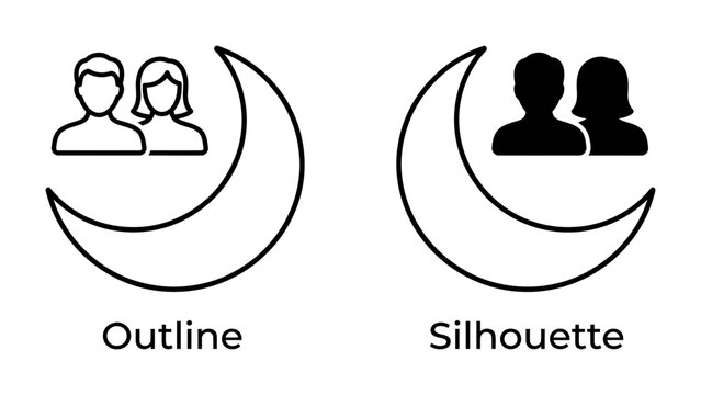 Outline and Silhouette Icons: A clear visual comparison between outline and silhouette icons, each depicting two people beside a crescent moon, illustrating different graphical styles.
