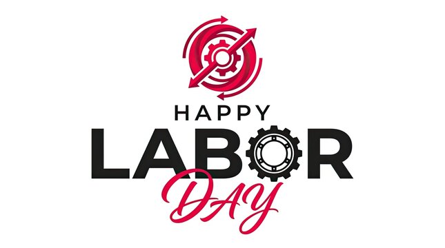 Happy labor day greeting card design featuring industrial gears and bold typography on a white background
