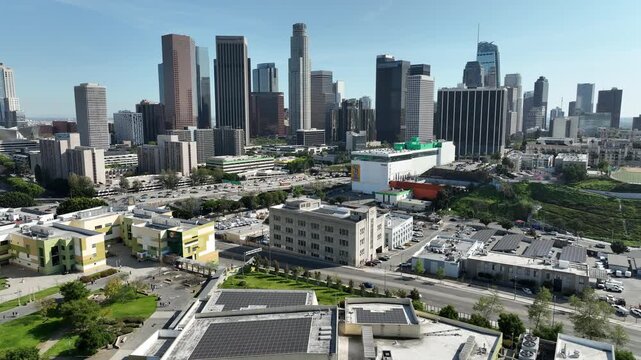 Los Angeles Downtown Buildings from Northwest Aerial Shot Forward Tilt Up Reveal