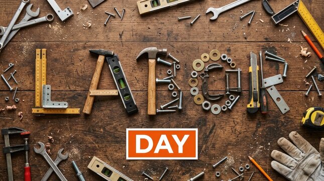 Top view of various construction tools arranged to spell out labor day on a rustic wooden background