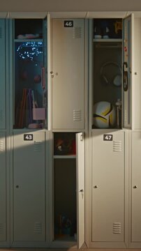 Interior of Modern Elementary School Corridor with Open Lockers Revealing Everyday Student Belongings. Organized Learning Environment, Educational Facilities, and Modern Campus Life. Vertical Shot.