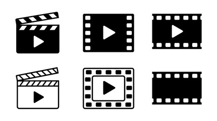 Fototapeta premium Minimalist vector graphic set featuring black and white movie clapperboard and film strip media icons