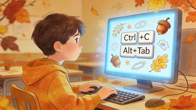 Child Learning Computer Shortcuts at Home with Autumn Theme