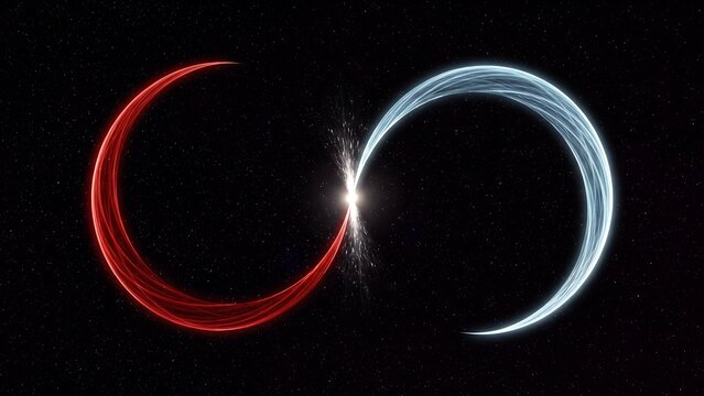 赤と氷のような青の光る三日月が宇宙空間で衝突し火花を散らす瞬間
