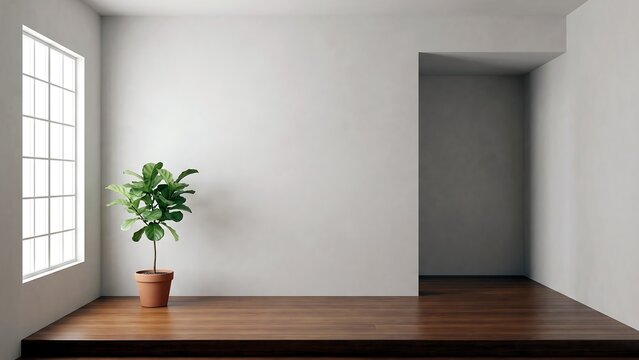 格子窓から光が差す無人の白い部屋と観葉植物