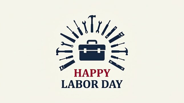 Creative happy labor day greeting card design featuring a toolbox and various construction tools on light background