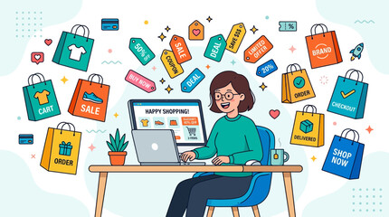 Fototapeta premium A cheerful character engaging in online shopping during a Black Friday sale, surrounded by digital shopping elements in a clean Flat Design style. This illustration captures the excitement of big disc