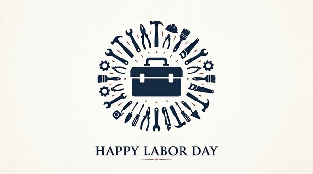 Creative happy labor day greeting card design featuring a circular arrangement of various construction work tools icons