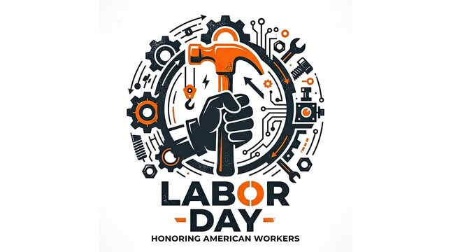 Creative labor day illustration featuring a hand holding a hammer surrounded by various industrial construction tools and equipment