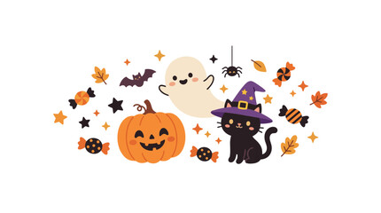 Fototapeta premium Cute Halloween collection with pumpkin, black cat, and ghost.