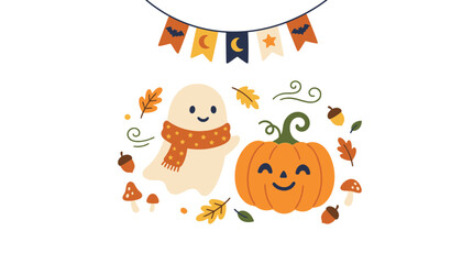 Fototapeta premium Cute Halloween ghost and pumpkin.