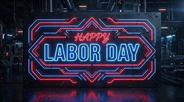 Bright neon sign displaying happy labor day message with vibrant red and blue lights on dark background