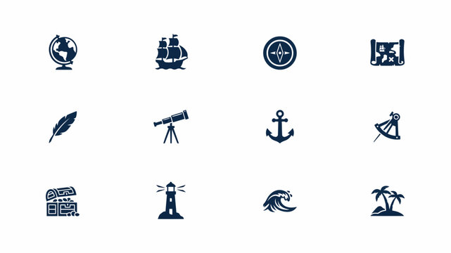 Vintage inspired travel and exploration icon set with minimalist blue line art style with showcases curated collection twelve minimalist icons