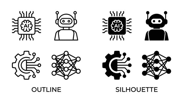 AI Technology Icons: A collection of stylized icons representing artificial intelligence and machine learning, featuring processors, robots, gears, and neural networks.