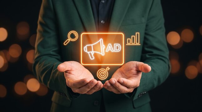 Businessperson holding glowing digital marketing icons for advertising and growth strategy.