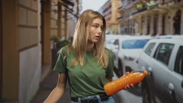 Blonde woman in green shirt holding a plastic orange juice bottle in left hand and shrugging right hand among parked cars on a street; confusion uncertainty annoyance.