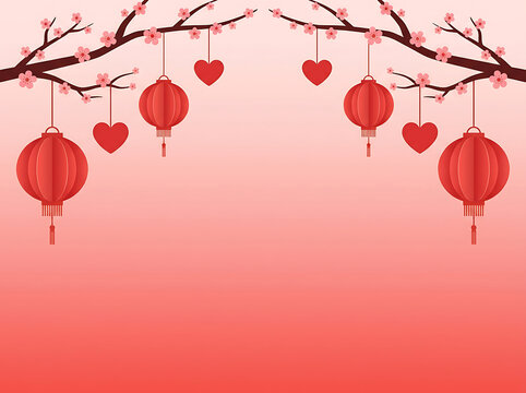 A festive Chinese New Year background featuring hanging red lanterns, cherry blossoms, and hearts on a pink gradient.