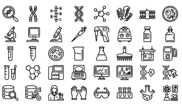 Genetics Molecular Biology Laboratory Equipment Editable Outline Icons Collection for DNA Testing Research and Biotechnology