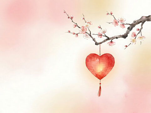 Heart shaped Chinese lantern hanging on a blooming cherry blossom branch in watercolor style