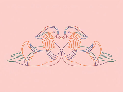 Pair of Mandarin ducks forming a heart shape, traditional Chinese wedding symbol illustration.