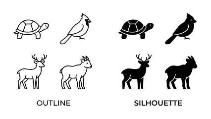 Fototapeta premium Animal Icons Collection: A set of graphic representations of animals, featuring turtles, cardinals, deer, and goats in both outline and silhouette styles.