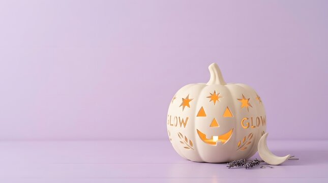 A glowing white ceramic decorative pumpkin lantern sitting on a soft pastel purple background for autumn holiday home decor
