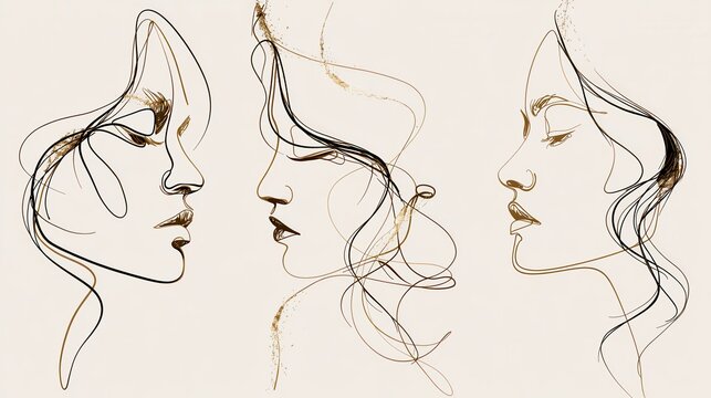 Abstract continuous line women faces art