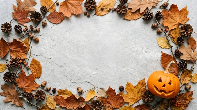 A festive autumn border made of dry maple leaves pine cones and a cute carved pumpkin on white background
