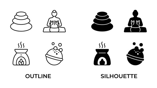 Zen and Serenity Icons: A collection of outline and silhouette icons depicting stacked stones, a meditating figure, an aromatherapy diffuser, and a bubbling bath bomb, representing peace, relaxation.