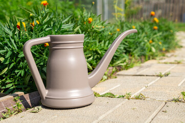 Watering can in a summer garden with flowering plants and a garden path, representing gardening, plant care, outdoor work and sustainable home gardening. © marinasokolchik