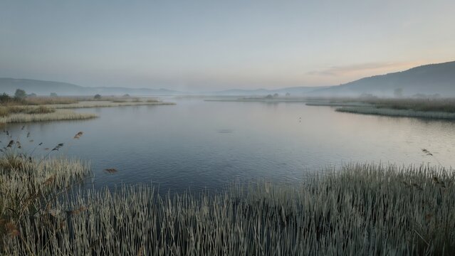 A tranquil lake landscape at dawn with thick morning mist rolling over the calm water surface and tall reeds growing along the muddy shoreline